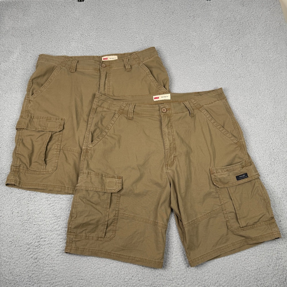 Wrangler Cargo Shorts Mens 36x10 Brown Ripstop Relaxed Fit Lot of 2 Workwear
